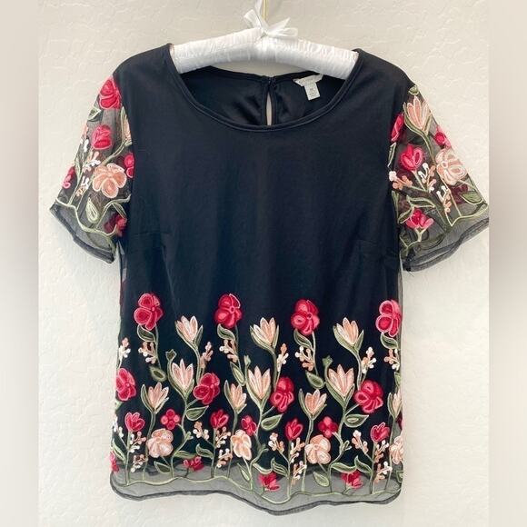 EST 1946 | Black Sheer Mesh Top Floral Embroidered Short Sleeve Blouse | Medium - Picture 1 of 8
